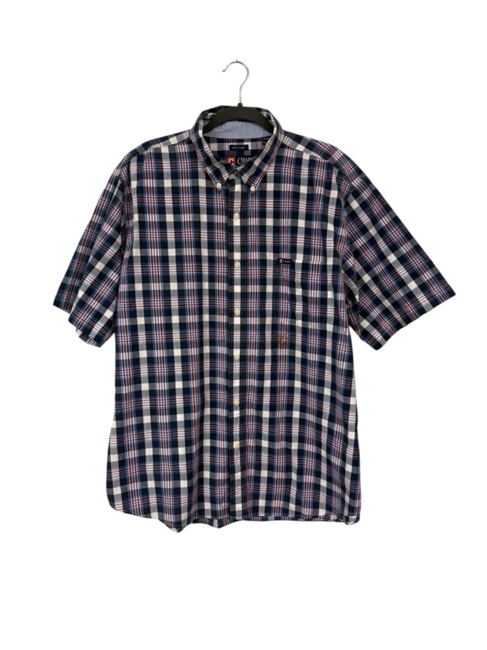 Chaps Easy Care Button Down Shirt XXL Red Blue Plaid Cotton Blend Short Sleeves